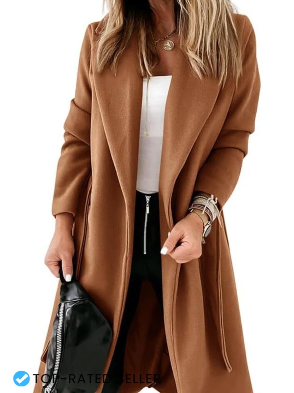 Womens Long Belted Open Front Notch Lapel Pea Coat